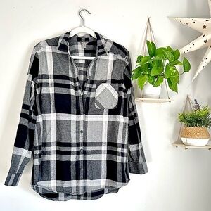 🩷EDDIE BAUER BLACK WHITE LONG SLEEVE BUTTON DOWN TOP FLANNEL SIZE LARGE